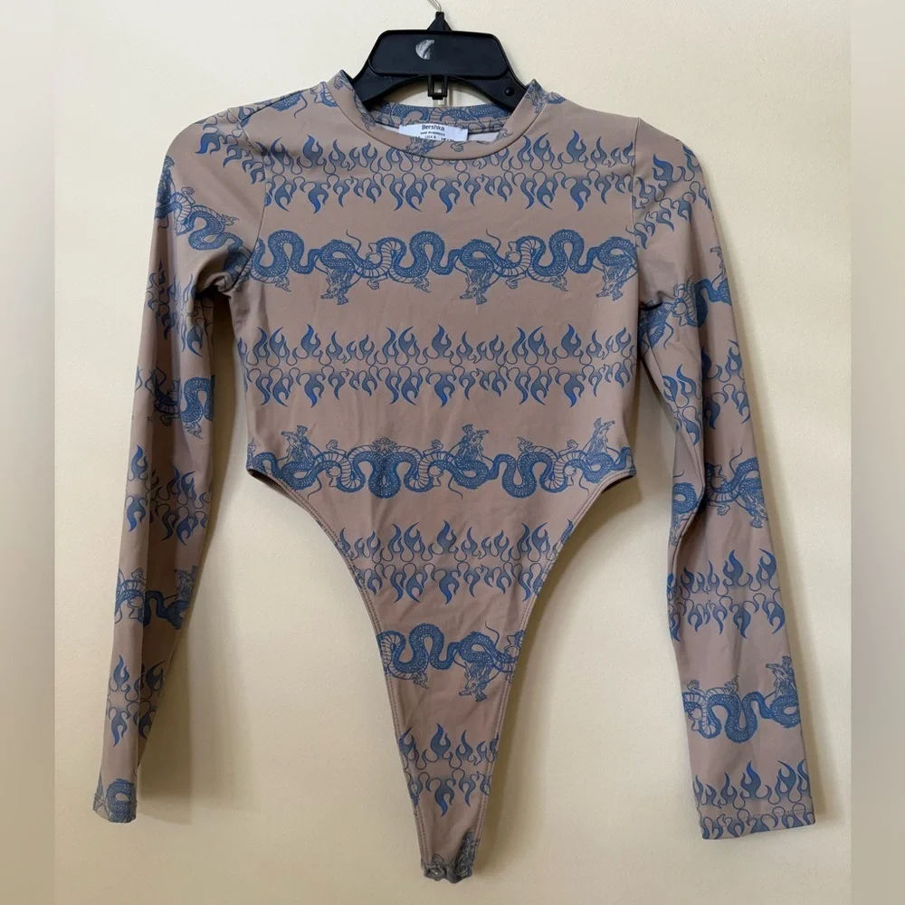 Berksha High Cut Dragon Print Bodysuit in Camel and Light Blue - Size S